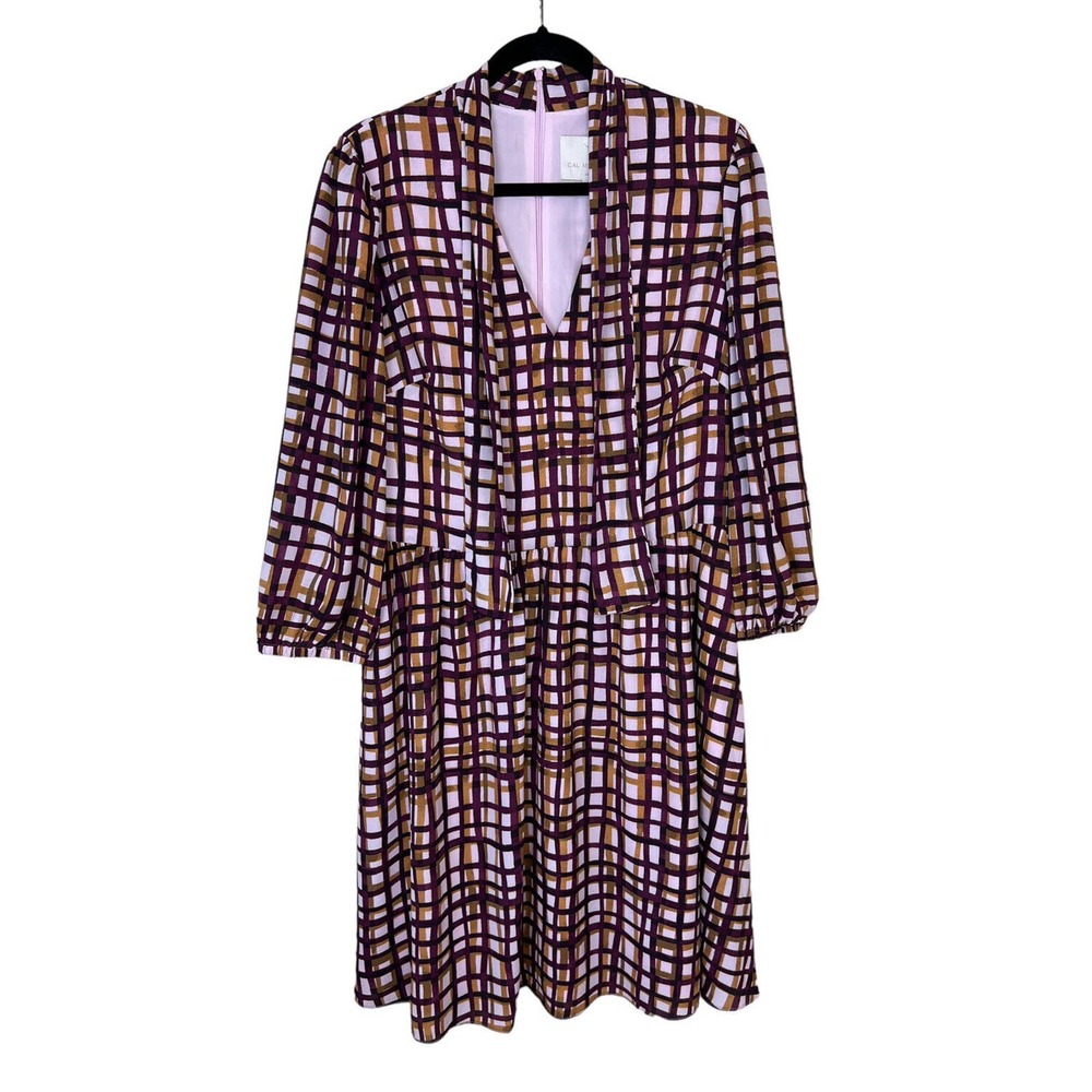 NEW Gal Meets Glam Lindsey Dress 14 Painted Windowpane Print Tie Neck Pockets